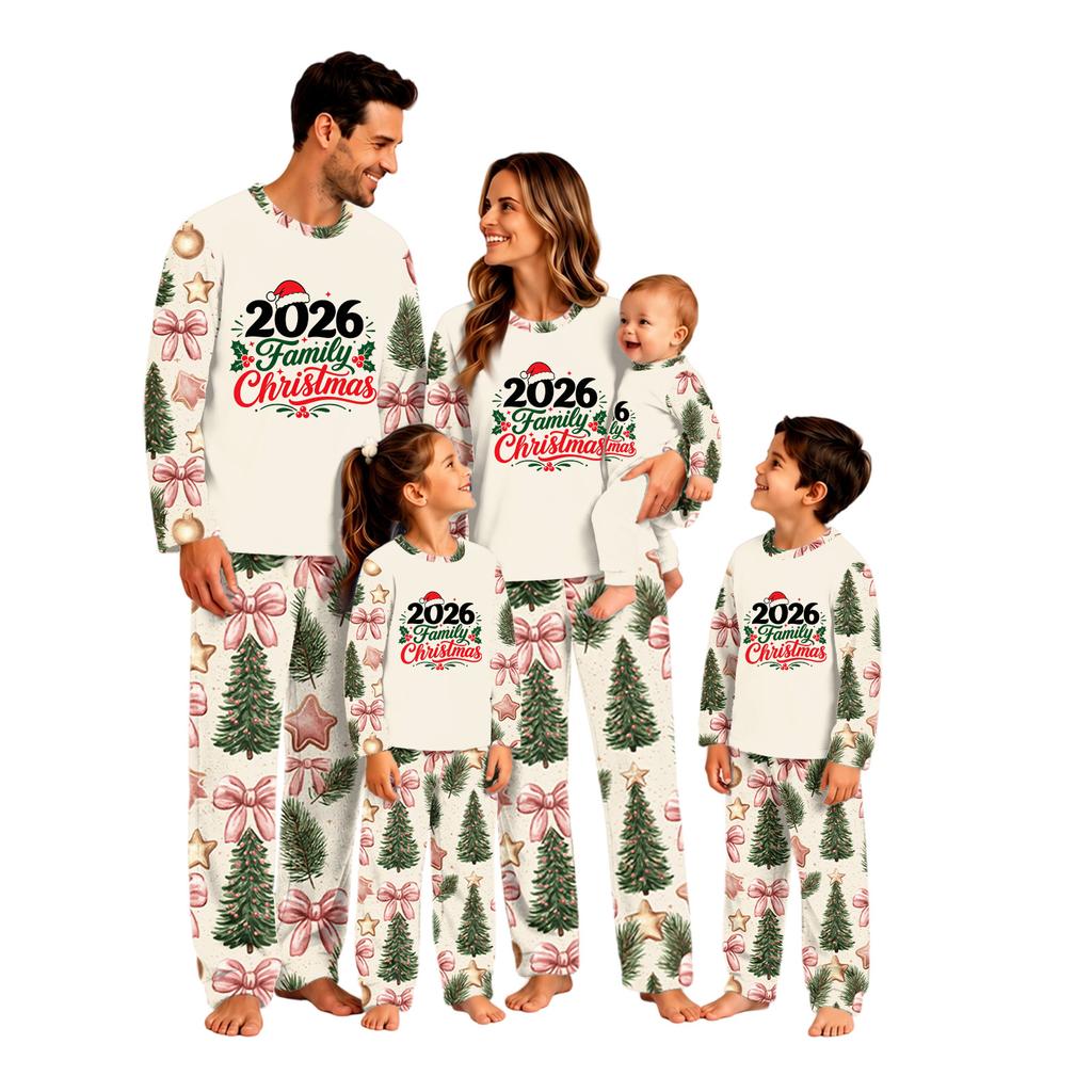 Matching Family Christmas Print Pajamas Set Long Sleeve Top and Pants Loungewear for Adults and Kids