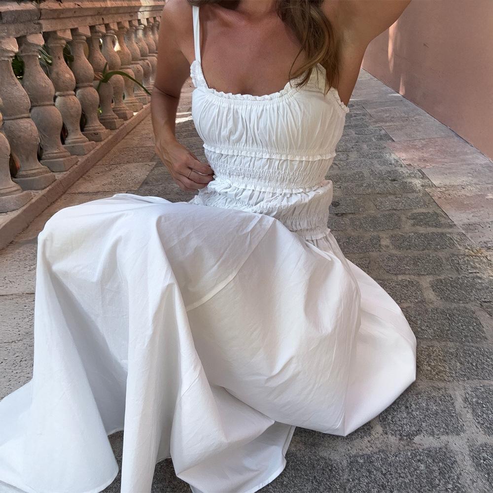White suspender dress European and American summer new pleated long dress pure cotton dress women