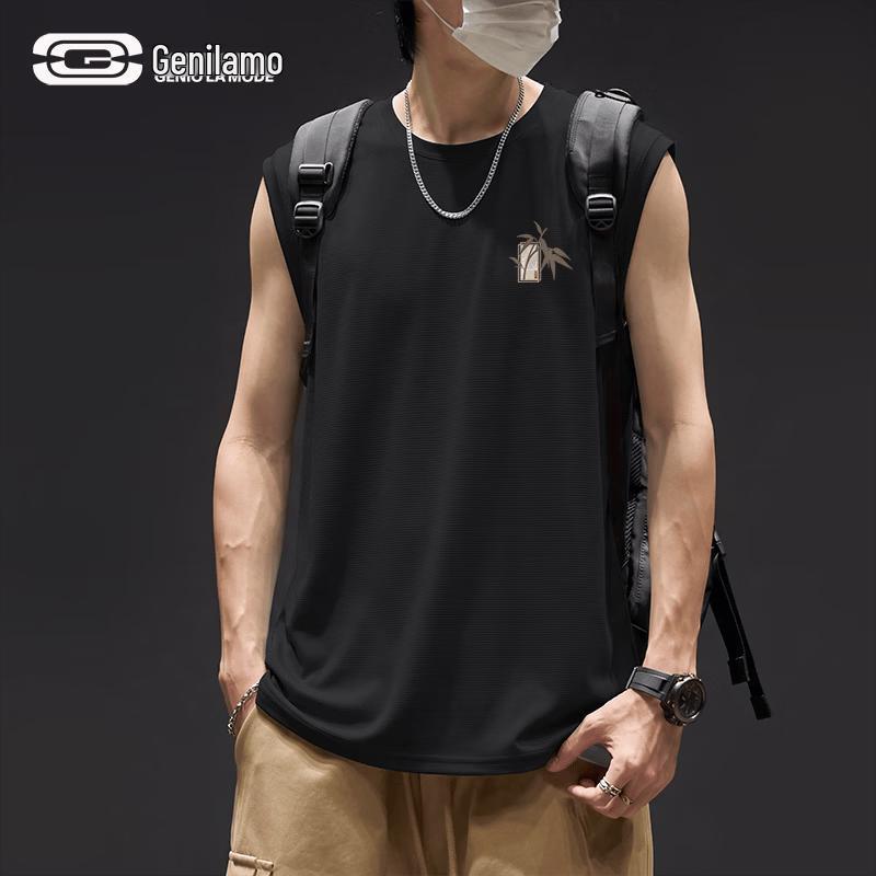 GENIOLAMODE Men s Chinese Style Bamboo Leaf Sleeveless T-shirt M