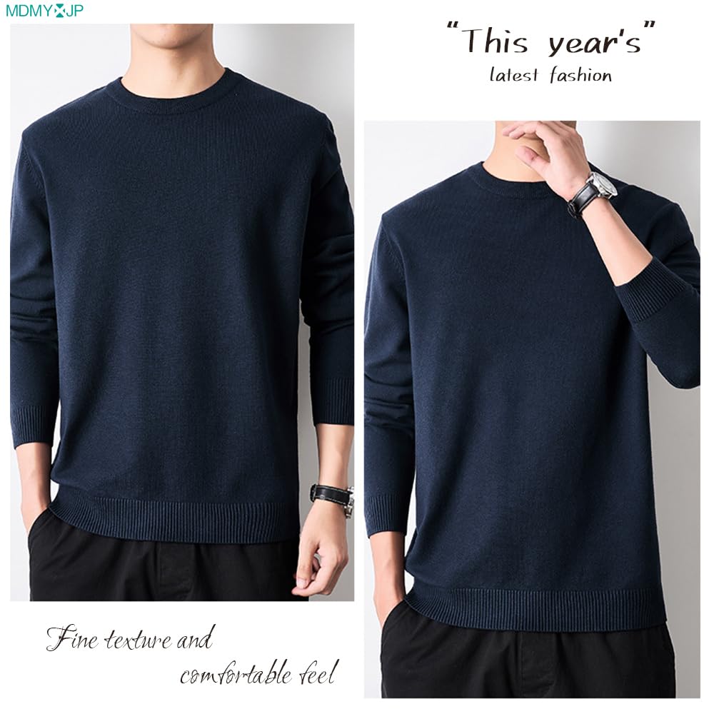 MDMYXJP Winter Crew Neck Knit Solid Long MD393 Men's Sweater, Warm, Color, Casual, Sleeve, Stylish, Spring/Winter Innerwear, (JP, Alphabet, 3XL, Navy)