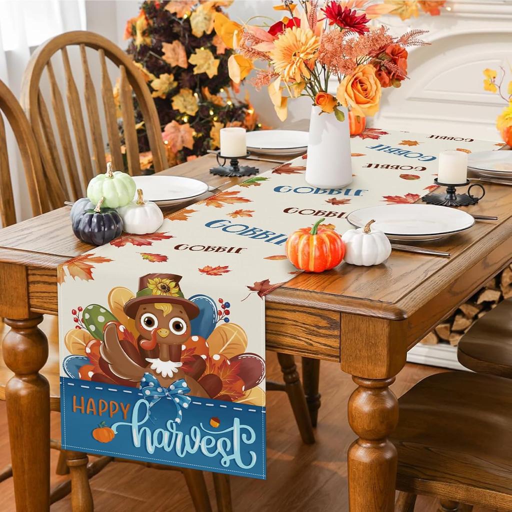 Bonhause Turkey Thanksgiving Table Runner 13x90 Inch Fall Autumn Maple Leaves Gobble Happy Harvest Kitchen Dinning Table Decoration for Indoor