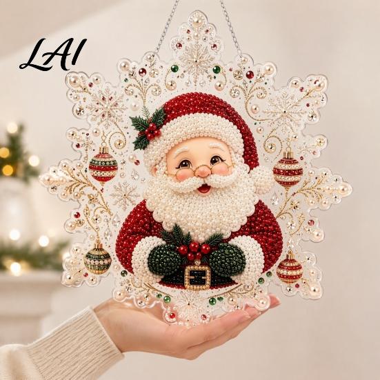 Festive Wall Hanging Ornament Christmas Faux Pearl Painting Suncatcher Kit Acrylic Snowflake Shaped Board with Lace Crystal Beading Craft Set