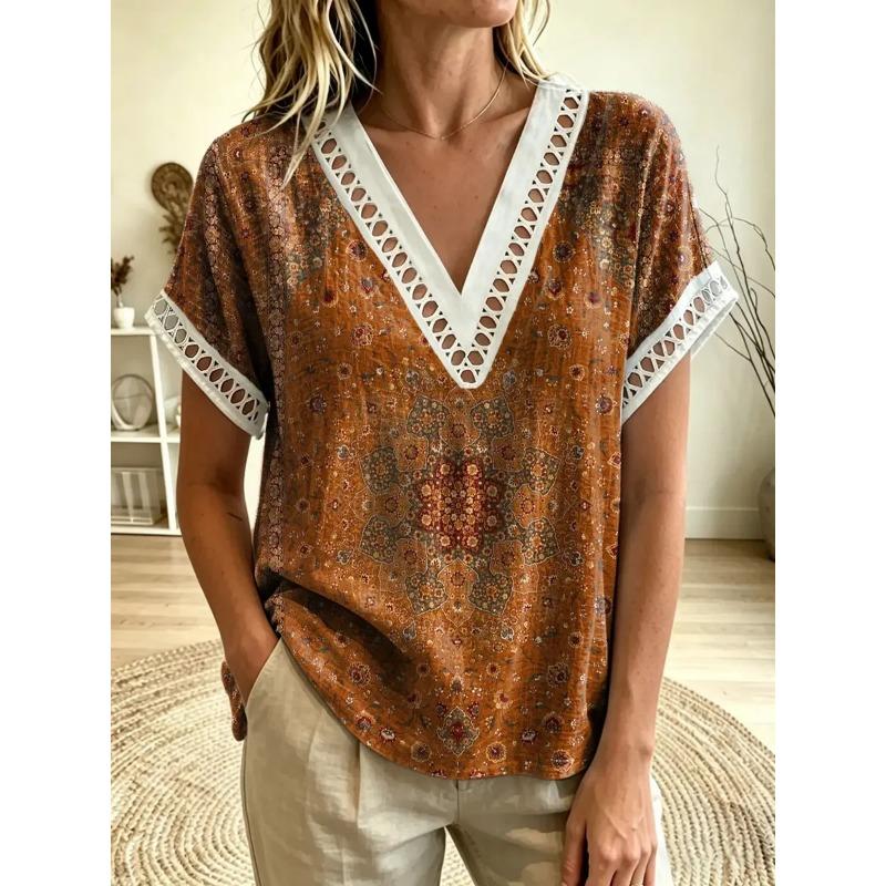 Women S V Neck Hollow Out Short Sleeve Floral Print T Shirt S