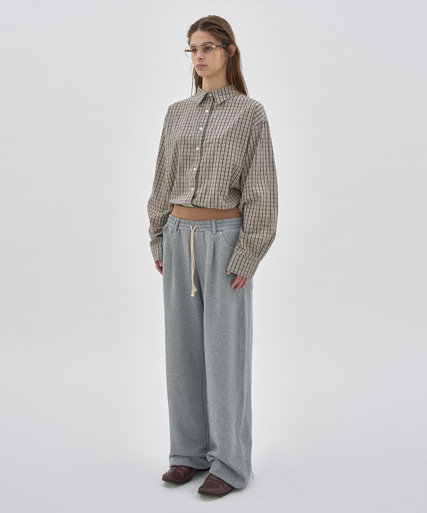 PARTIMENTO WOMEN Double Waist Pleated Wide Leg Sweatpants_Melange