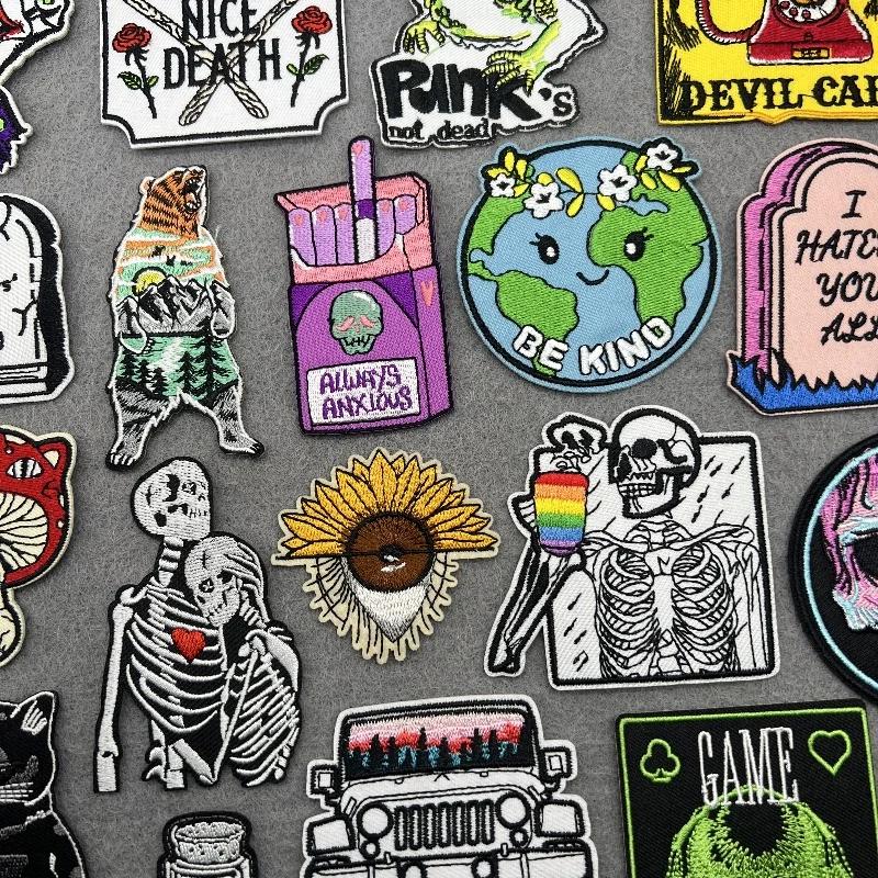 Embroidered Patches On Clothes Punk Patches For Clothing Diy Skull Stripes Stickers Cartoon Patches Appliques Badges