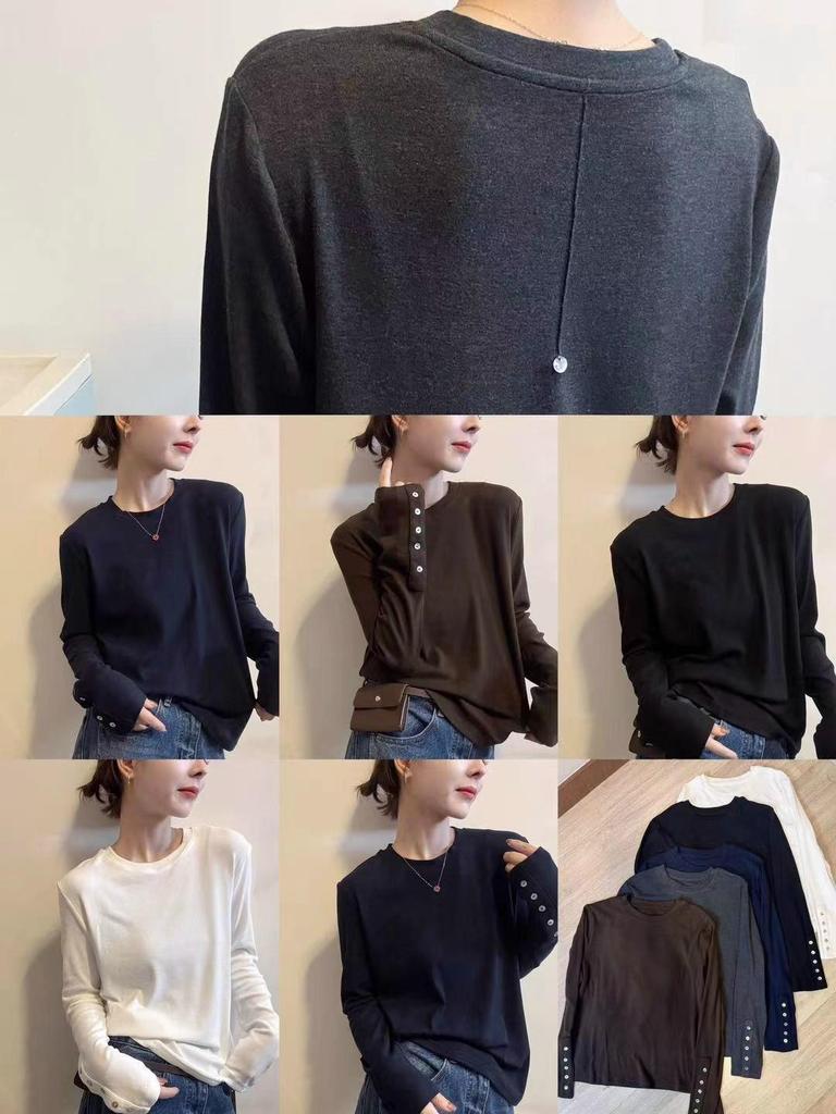 Women's Long-Sleeve T-Shirt - 2025 Autumn/Winter Collection, Versatile Design with Shell Buttons