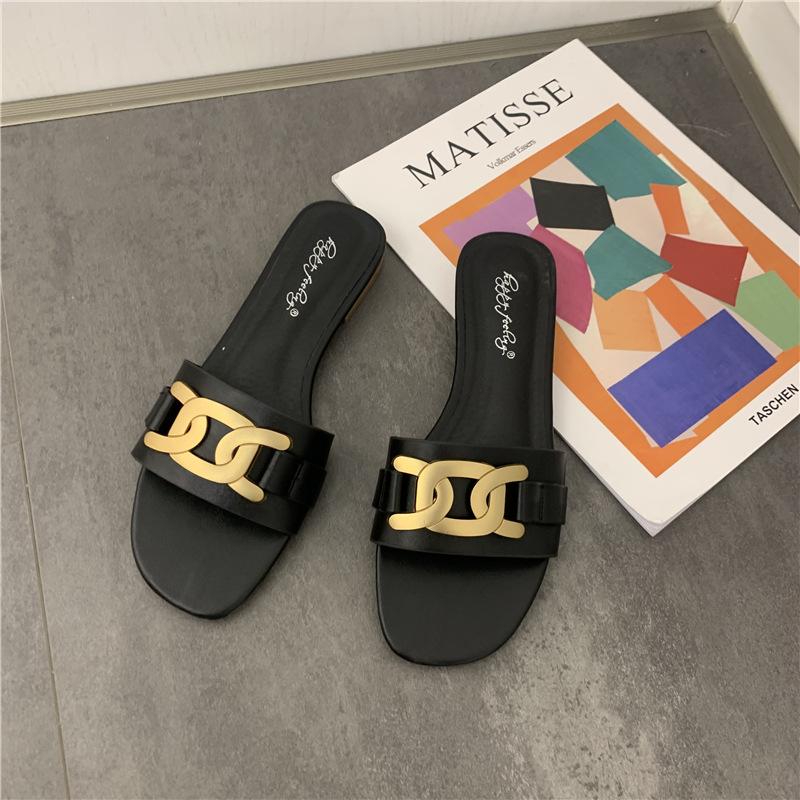 

Fashion metal chains flat heel slippers women flip flops open toe summer slides shoes woman beach sandalias de mujer verano 2025 35 чёрный