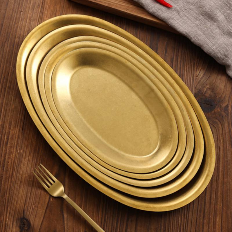 Stainless Steel Oval Vegetable Dish Food Grade Undivided Serving Plate for Curry Salad Home Use