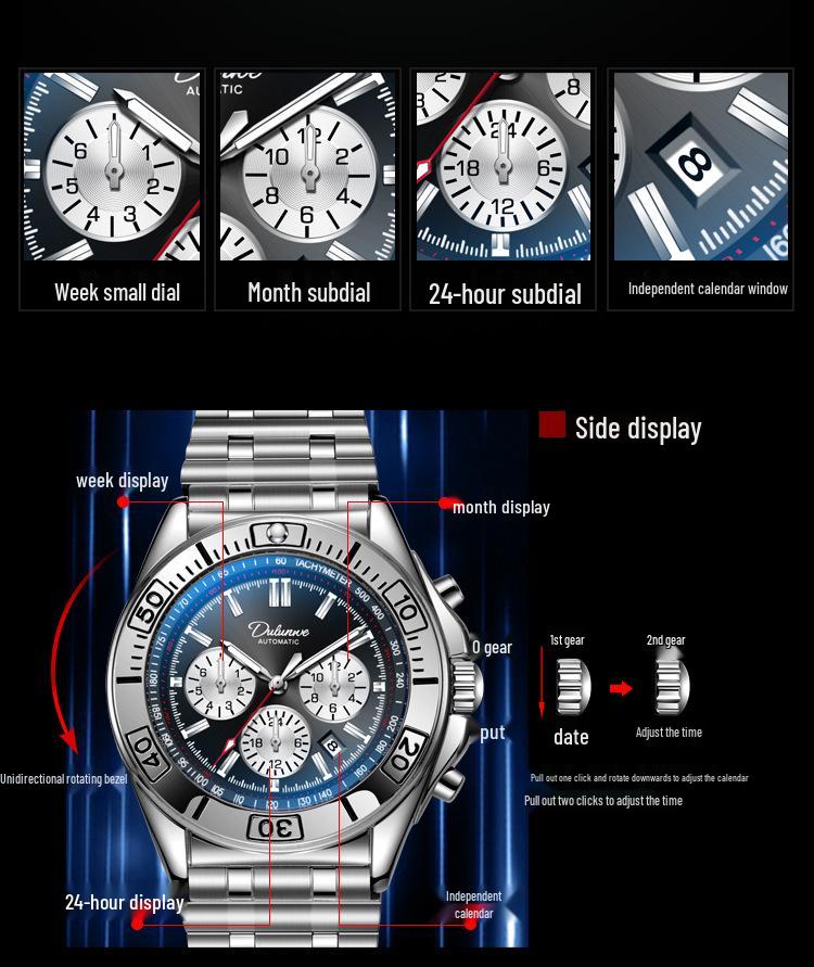 Durlunwei Men's 6-Hand Chronograph Mechanical Watch with Panda Dustproof Band