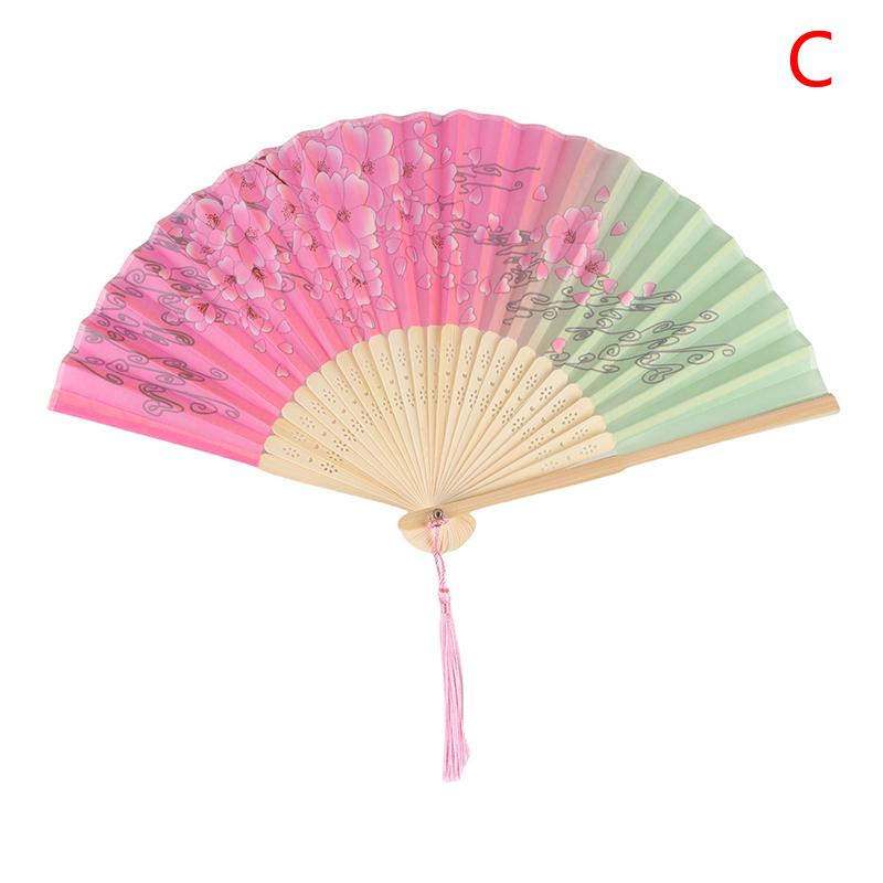 Vintage Printed Silk Folding Hand Fan Tassel Chinese Bamboo Fans Women Dance Performance Props Home Decoration Ornaments