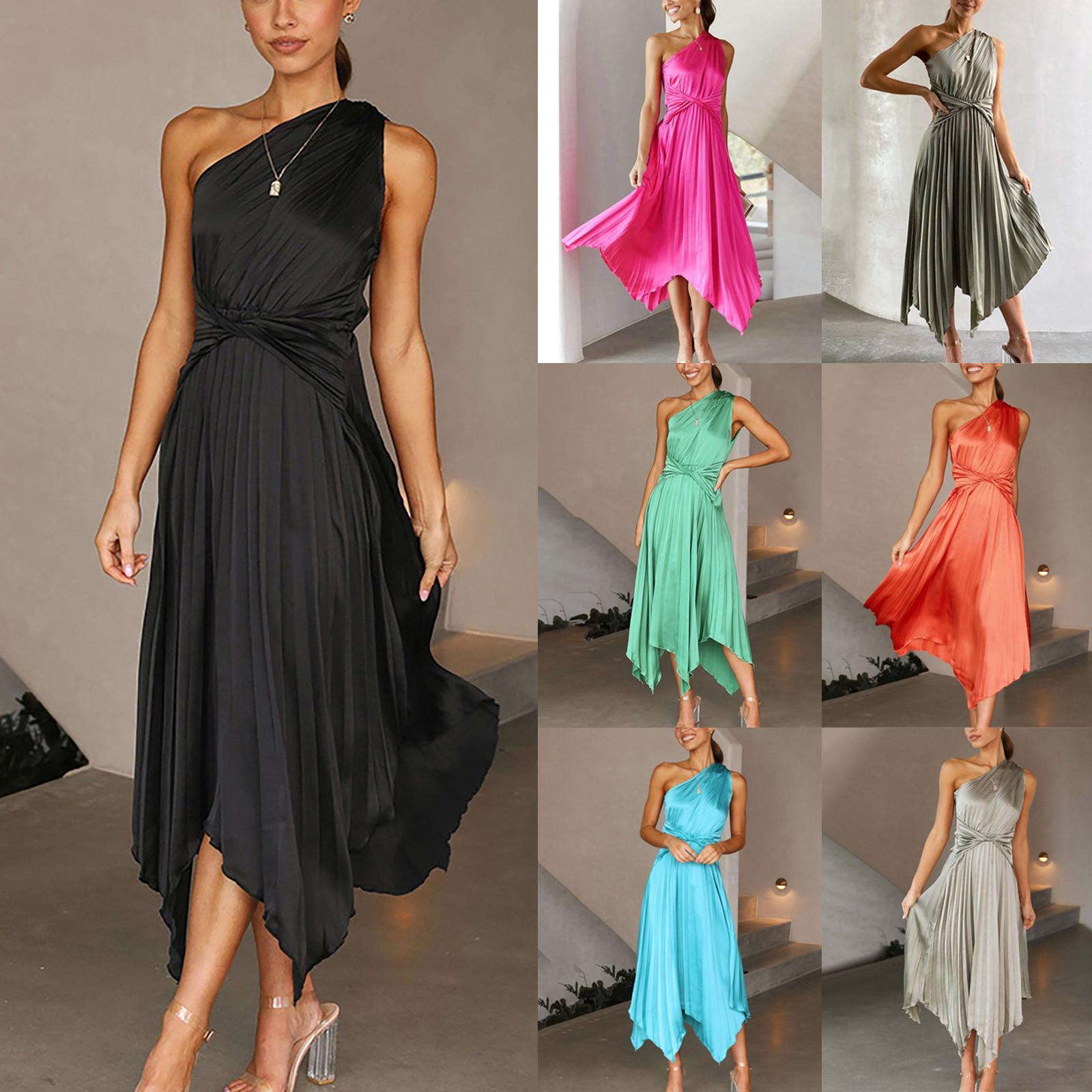 

Модное женское летнее однотонное длинное платье без рукавов с оборками на одно плечо