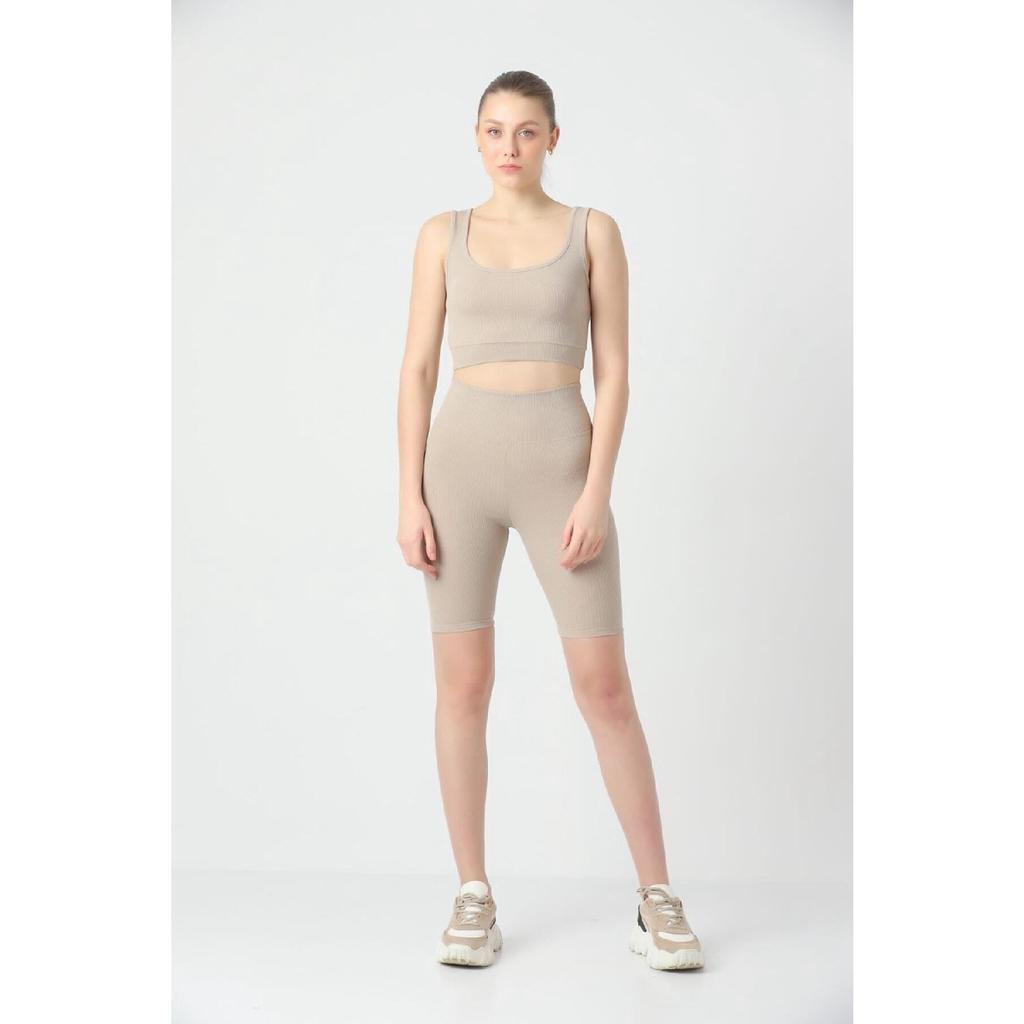 Soutien-gorge de sport côtelé noir confortable et flexible - Ensemble de collants de motard