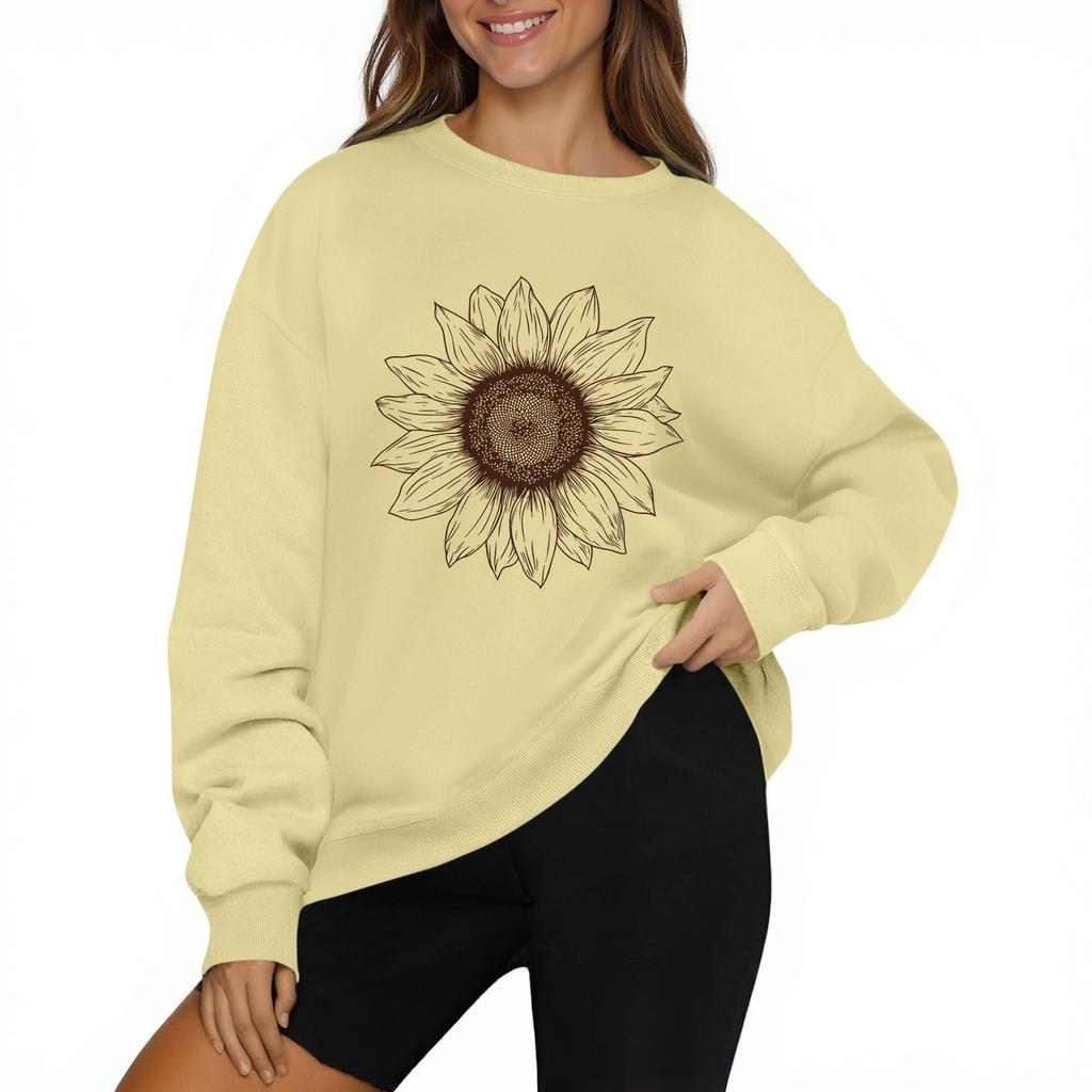 Sweat-shirt décontracté à manches longues et col rond pour femme, couleur unie, imprimé