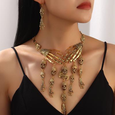 Gothic Punk Vintage Ghost Hand Skull Necklace Earring Set for Women Party Accessories