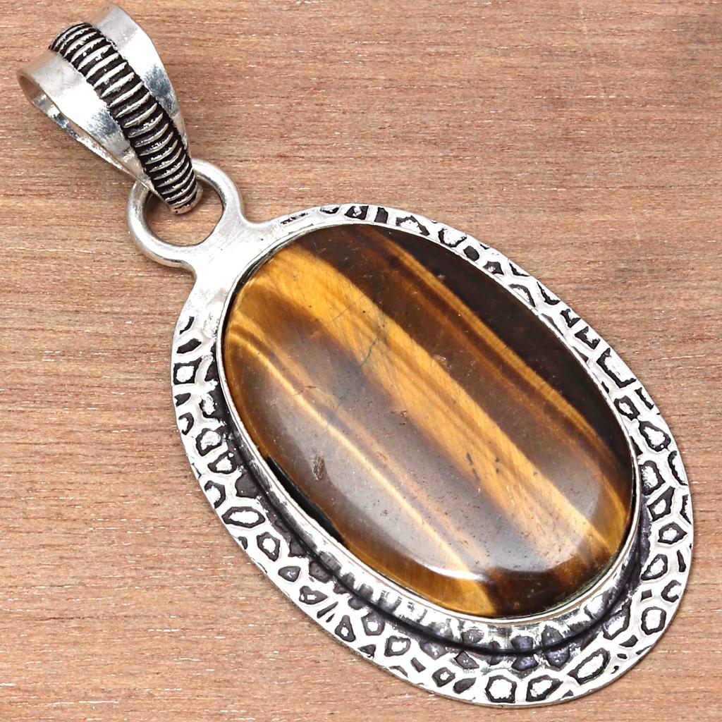 Pendant Tiger's Eye Gemstone Valentine'Day Gift Silver Jewelry 2.5"