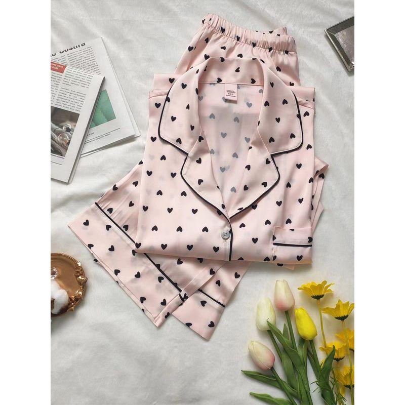 Vido Artificial Silk Silks and Satins Pajamas Women's Pink Small Heart Long Sleeves Pants Comfortable Homewear Spring/Autumn/Summer Secret