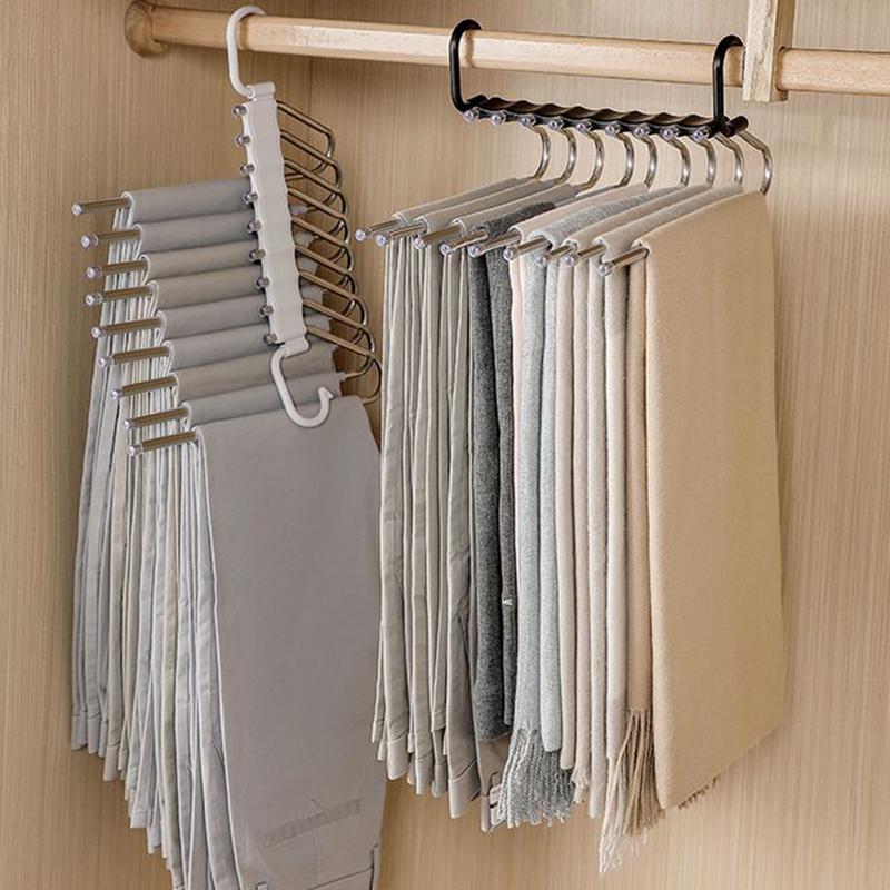 Edelstahl Kleiderbügel 9 Lagen Hosenständer Platzsparend Rutschfest Schrank Organizer mit Haken für Hosen und Schal