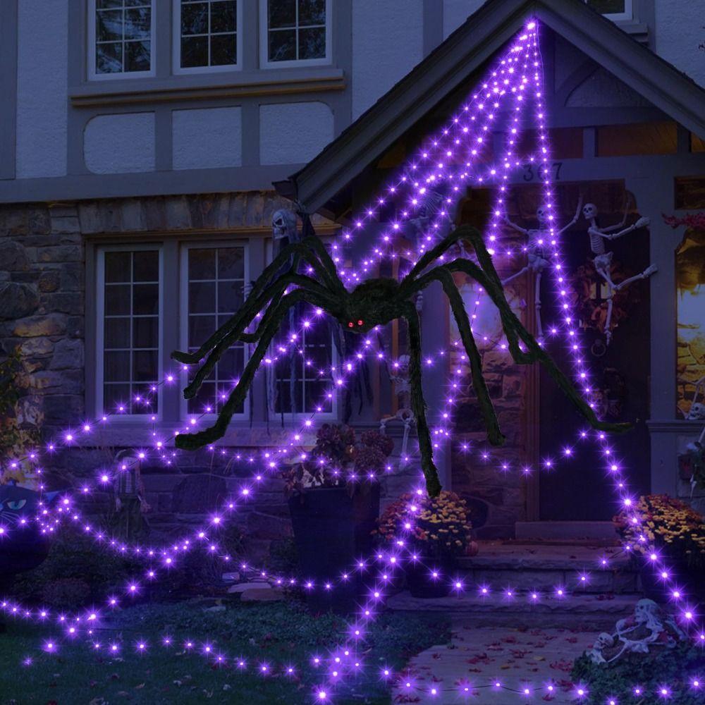 Glow Halloween Spider Web Lights 8 Modes Scary Giant Spider Luminous Halloween Spider  Bar