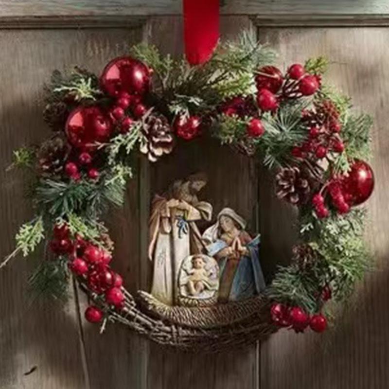 

Festive Jesus And Virgin Mary Flower Wreath Red Cross Star Lights Decoration For Christmas Celebration StyleE