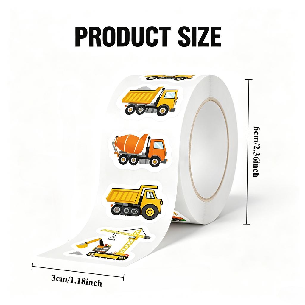 Cartoon Engineering Truck Sticker Roll 500Pcs Waterproof Self‑Adhesive Label for Reward Decor Scrapbooking Party Supply Ornament