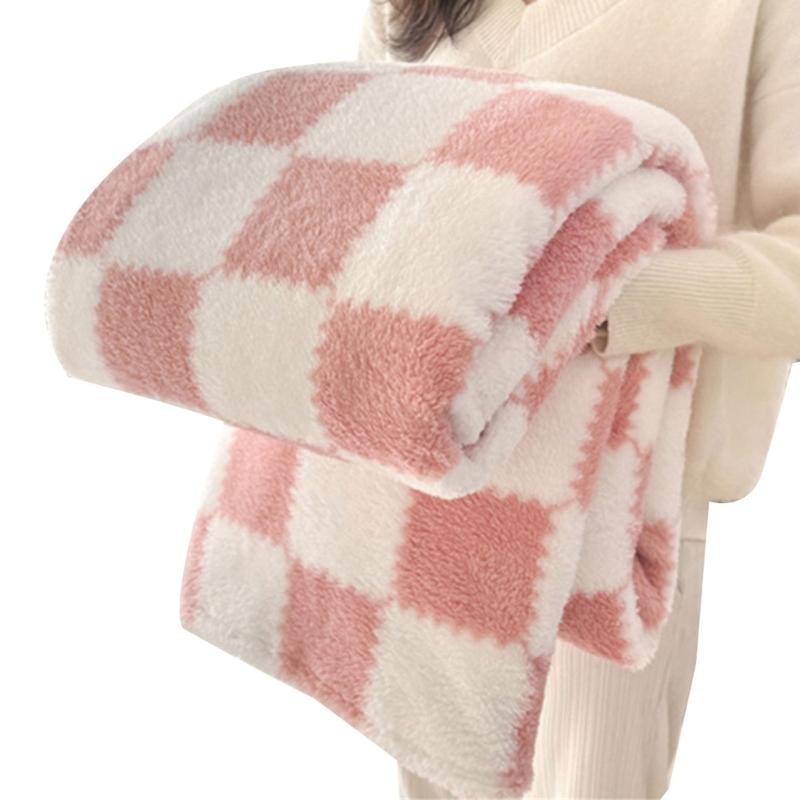 Thick Corals Fleece Grid Blanket Warm Throw for Home Travel Sturdy Machine Washable Polyester