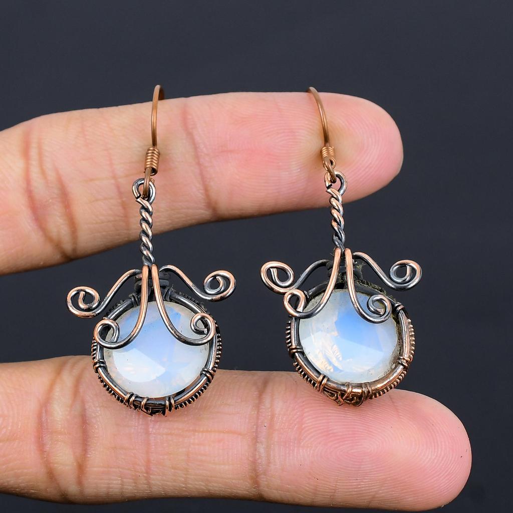 Milky Opal 999 Copper Wire Wrapped Earrings, Handmade Gemstone Earrings Jewelry, Gifts For Wife Brand New Earrings