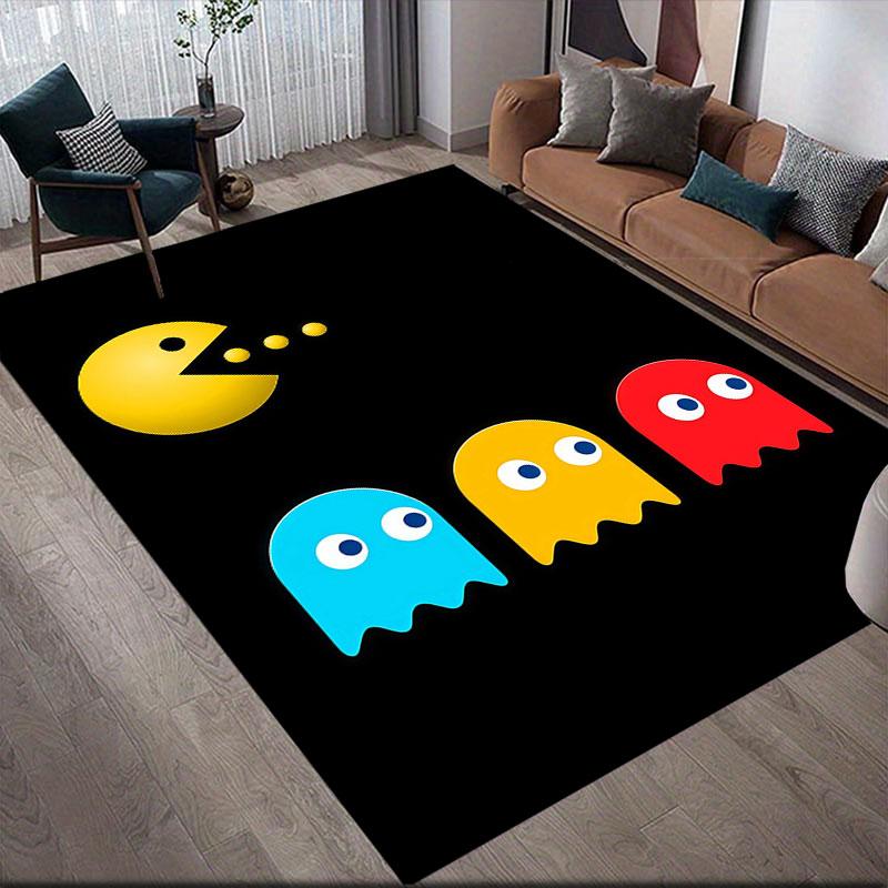 Pac‑Man Cartoon Flannel Printed Carpet, Home Sofa Decoration for Living Room & Bedroom, Non‑Slip Play Flannel Floor Mat for Game Room
