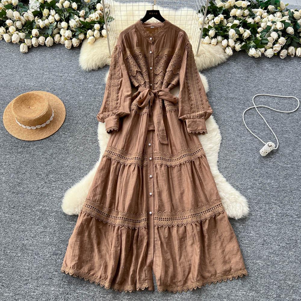 

Vintage Sexy Lace Lace-up Glitter A-line Long Sleeve Dress Chic Summer Beach Vestidos Women Vacation Dresses One Size верблюд