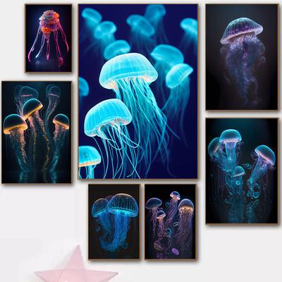 Nowoczesne fluorescencyjne meduzy plakaty zwierząt morskich obraz na płótnie obraz ścienny do dekoracji wnętrz w salonie
