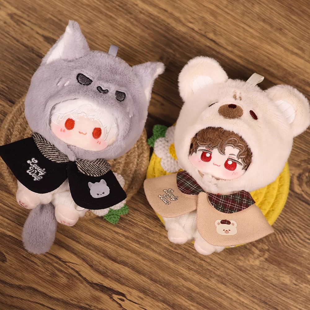 Niannyyhouse Plush Doll Clothing Set (10-15cm) - Hat, Cape, Pants, Wolf Bear Pattern - Plush Doll Dress-Up Accessory (Gray)