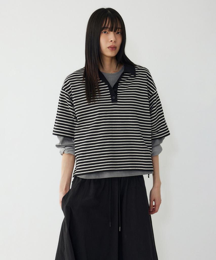 STUDIO TOMBOY Striped Semi-Crop Collar Short Sleeve T-Shirt _Black 9176322999