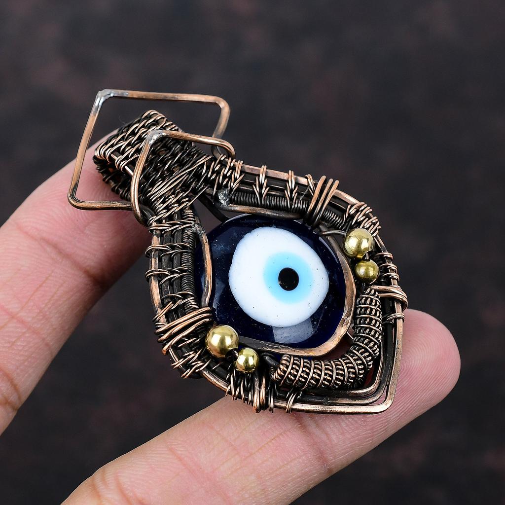 Blue Color Evil Eye Pendant Copper Wire Wrapped Gemstone Pendant Evil Eye Jewelry Handmade Copper Pendant Wire Wrap Pendant Anniversary Gift