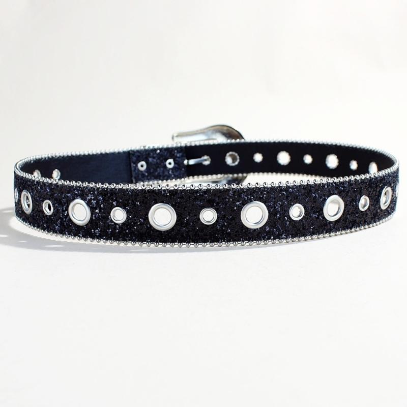 Shimmering Sequined Belt Girl Engraved Buckle Belt 2000s Waistband Punk Waistbelt Bead Trim Belt Aesthetic Waist Accessory
