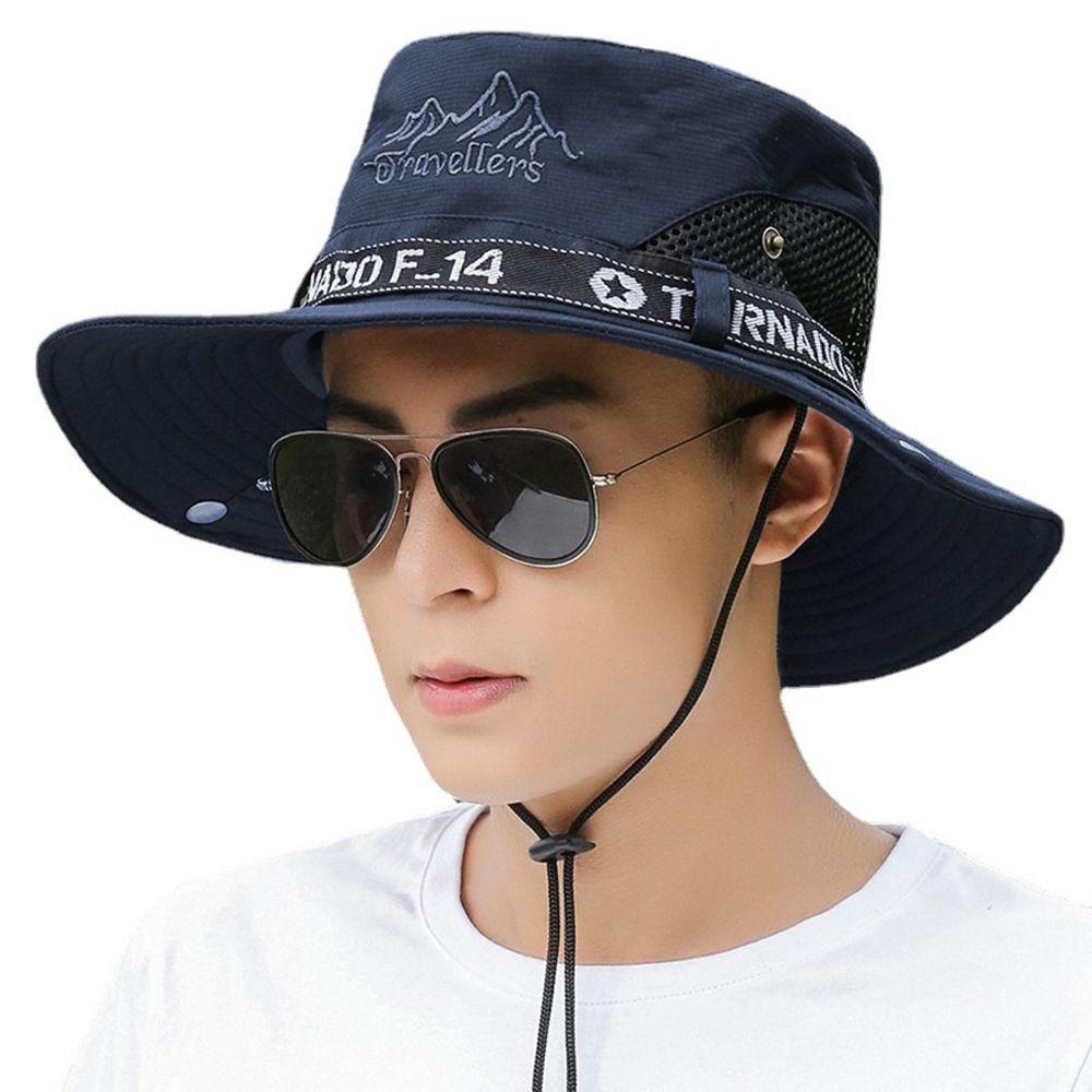 

Summer Breathable Outdoor Climbing Mesh Letter Cotton Man Sun Hat Bucket Hat Large Brim Cap темно-синий
