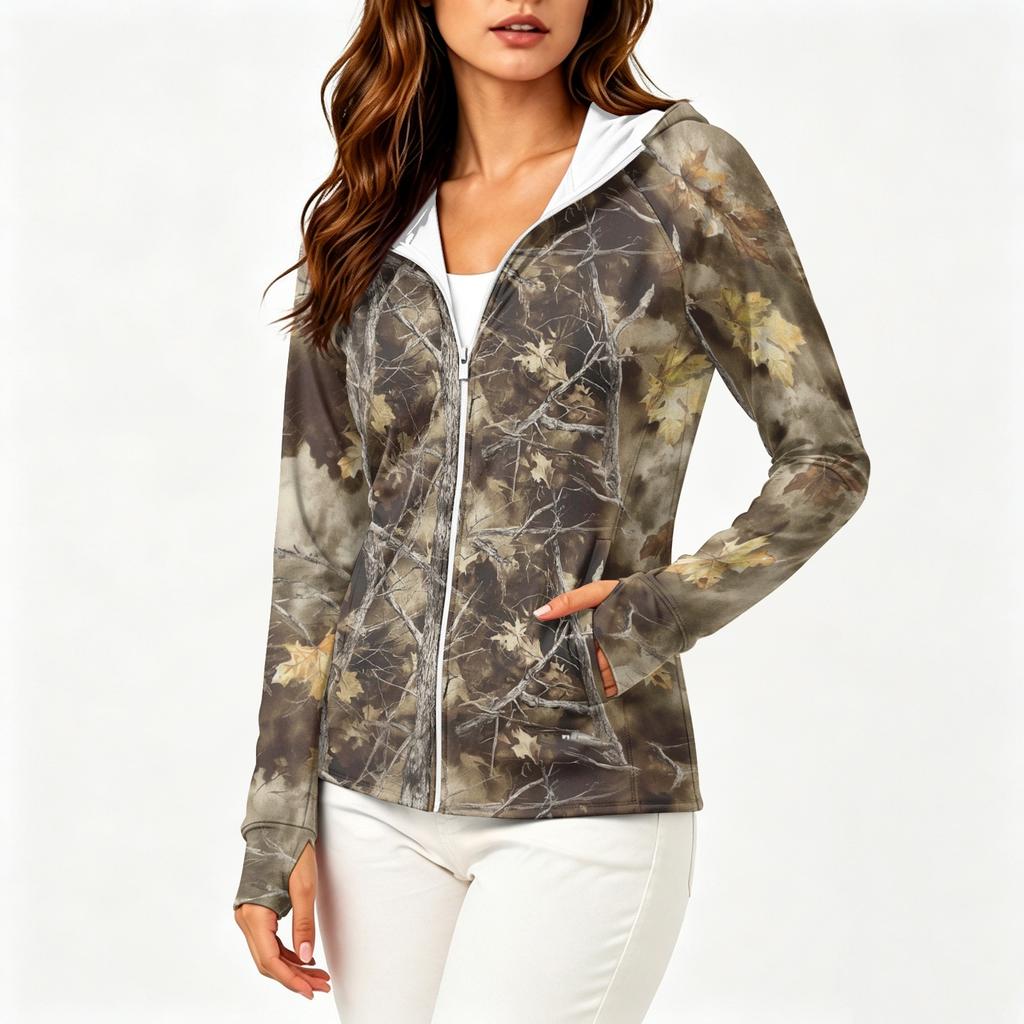 Women's Lightweight Zip-Up Hooded Jacket with Long Sleeves Pockets and Camouflage Print Sun Protection Outerwear
