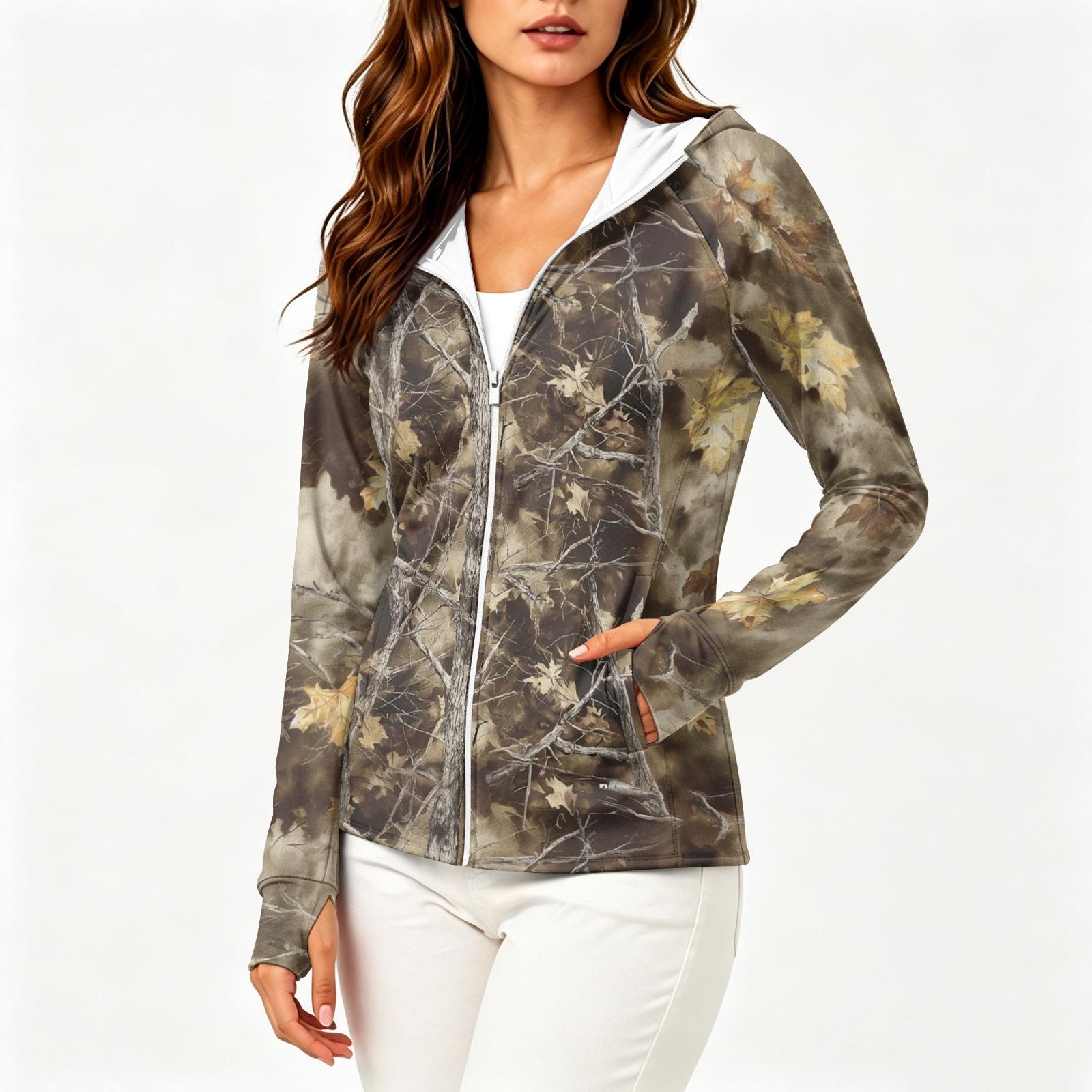 

Women s Lightweight Zip-Up Hooded Jacket with Long Sleeves Pockets and Camouflage Print Sun Protection Outerwear L бронзовый