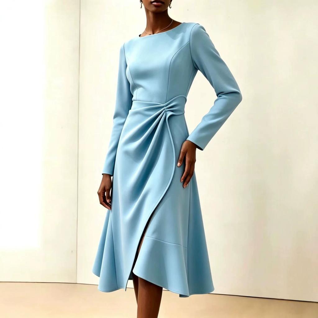 European and American Women's Clothing New Long-sleeved Solid Color Round Neck Dress Medium and Long Dress Women
