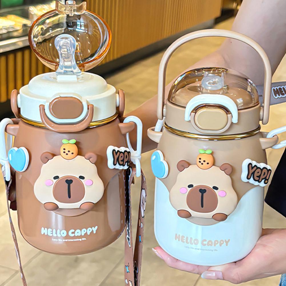 Capybara Cartoon Thermos Water Cup with Straw 700ML Water Bottle Summer Drink Bottle Leakproof Travel Drink Cup for Women & Men