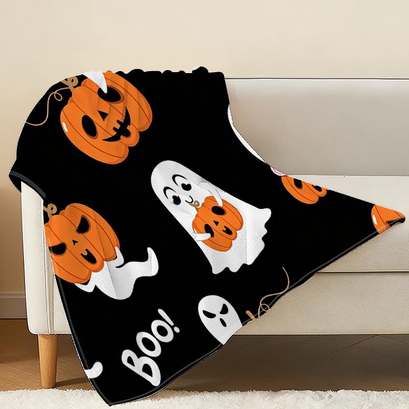 Soft No-Pill Flannel Fleece Blanket | Halloween Pumpkin Ghost Print Warm Cozy All Seasons Home Throw for Postpartum, Holiday Decoration