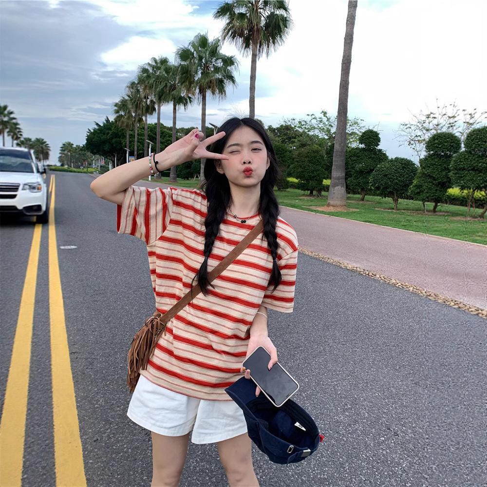 Design Sense Niche Contrasting Color Striped Short-sleeved T-shirt Women's Summer New Korean Version Loose Casual Fashion Top