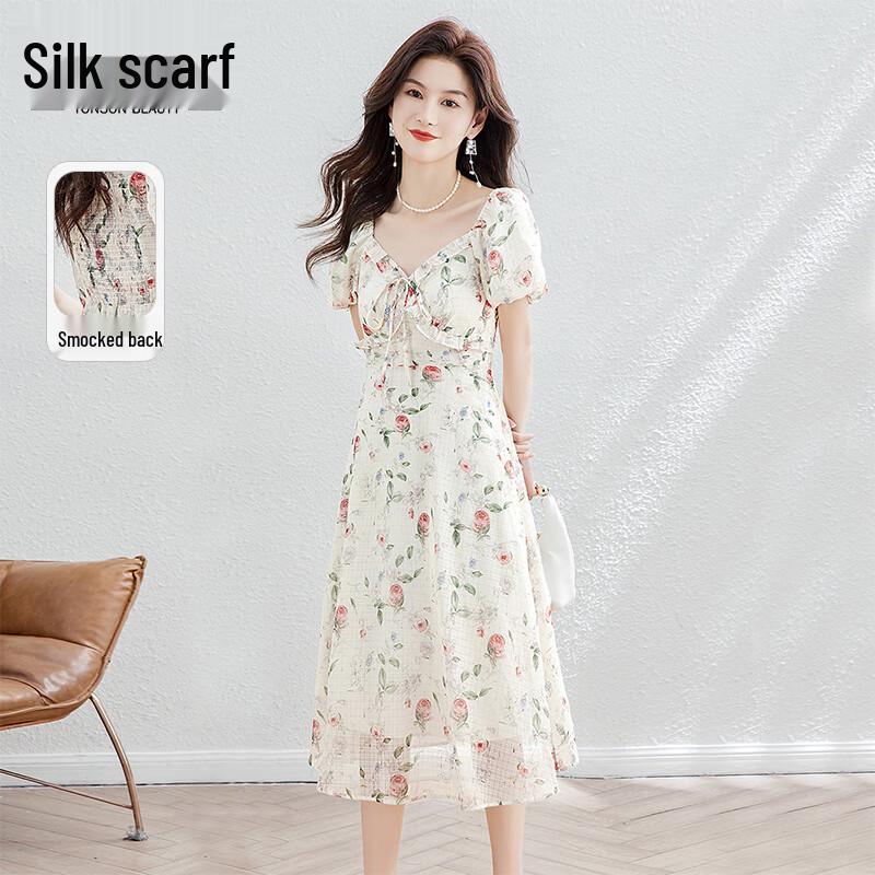 Elegant Floral Print V-Neck Tie-Up Mid-Length Dress XL