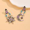 Vintage Asymmetrical Sun Moon Star Drop Earrings Multicolor Rhinestone Enamel Celestial Long Dangle Earrings for Women