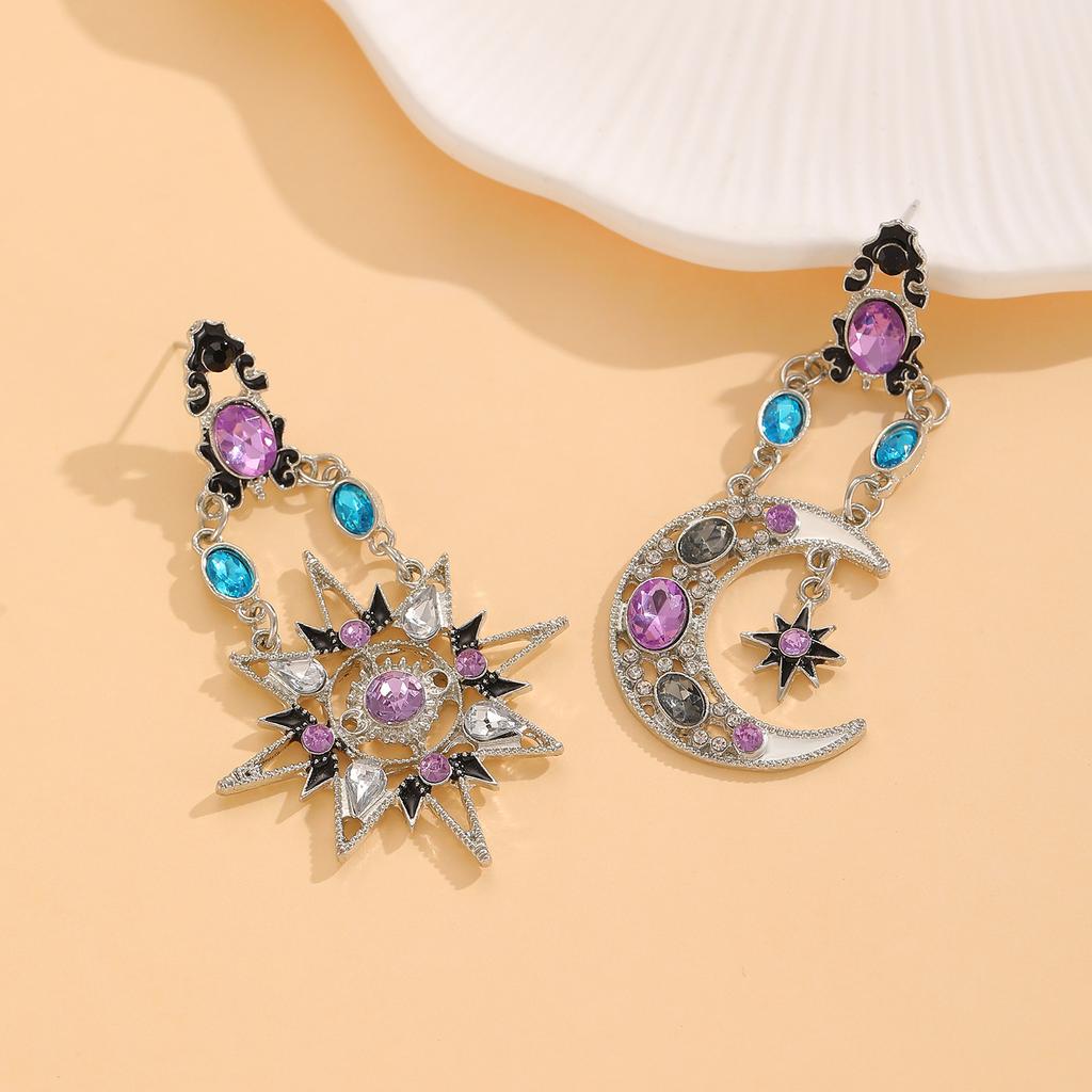 Vintage Asymmetrical Sun Moon Star Drop Earrings Multicolor Rhinestone Enamel Celestial Long Dangle Earrings for Women