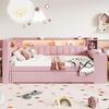 Children's Bed 90x200, Upholstered Headboard, LED Compartment, Multifunctional Bed: Desk, USB, Pull-out Bed, Slat Base, Pink (without Mattress)