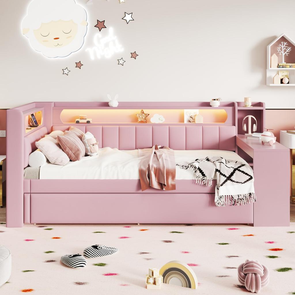 Children's Bed 90x200, Upholstered Headboard, LED Compartment, Multifunctional Bed: Desk, USB, Pull-out Bed, Slat Base, Pink (without Mattress)