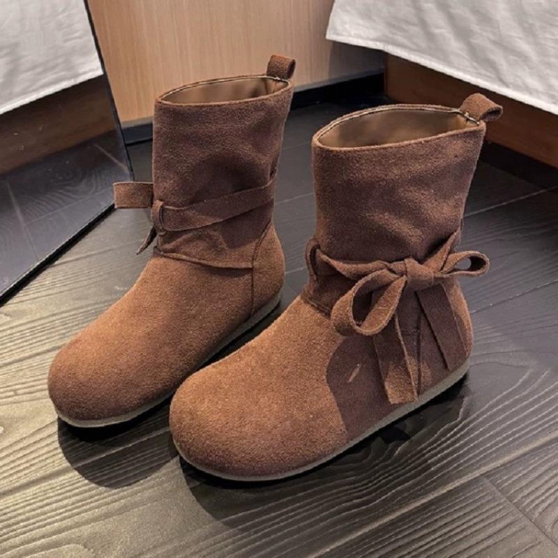 

Butterfly Knot Mid-tube Boots 2026 New Round Toe Suede Sleeve Soft Sole Anti-slip Wear-resistant Flats 35 коричневый