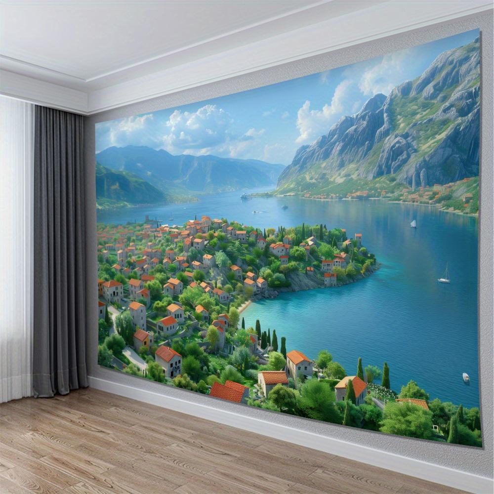 Mediterranean Coastal Village Tapestry 2D Digital Print Polyester Wall Hanging Living Room Bedroom Office Decor with Hooks
