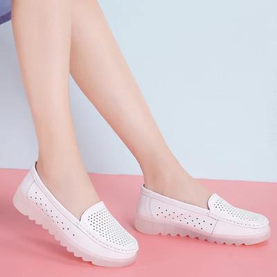Casual Simple White Hollow Breathable Genuine Leather Flats Platform Loafers Shoes For Women
