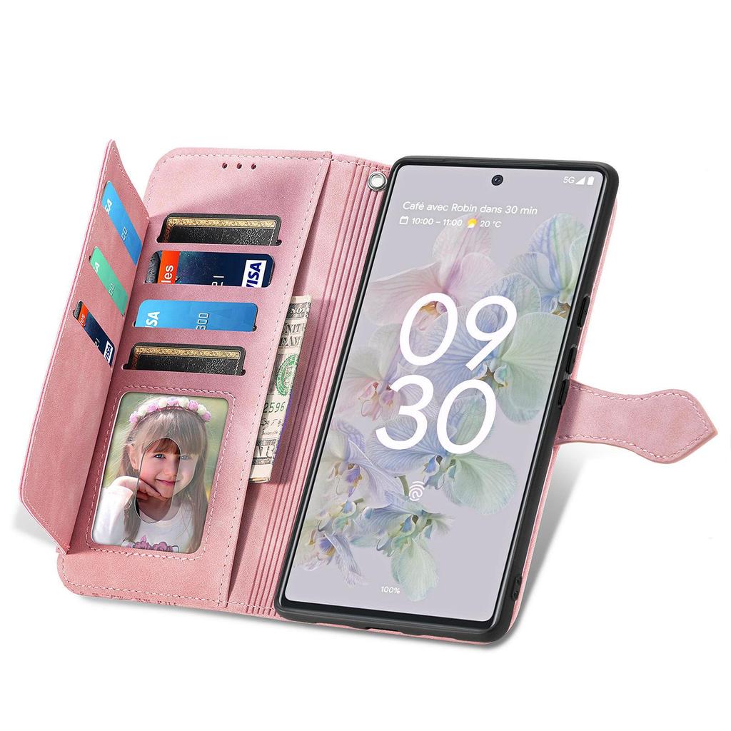 Custodia a portafoglio magnetica in pelle per Google Pixel 9A con cerniera, design in rilievo e fessura per carte