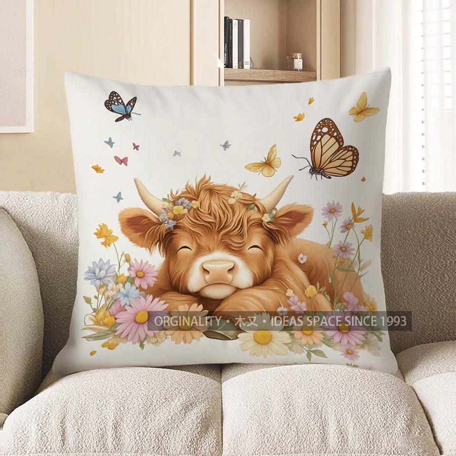 Home Decor Cute Highland Cow with Butterflies and Flowers Pattern Cushion Cover Suitable for Sofa Bedroom Car Pillow Cover